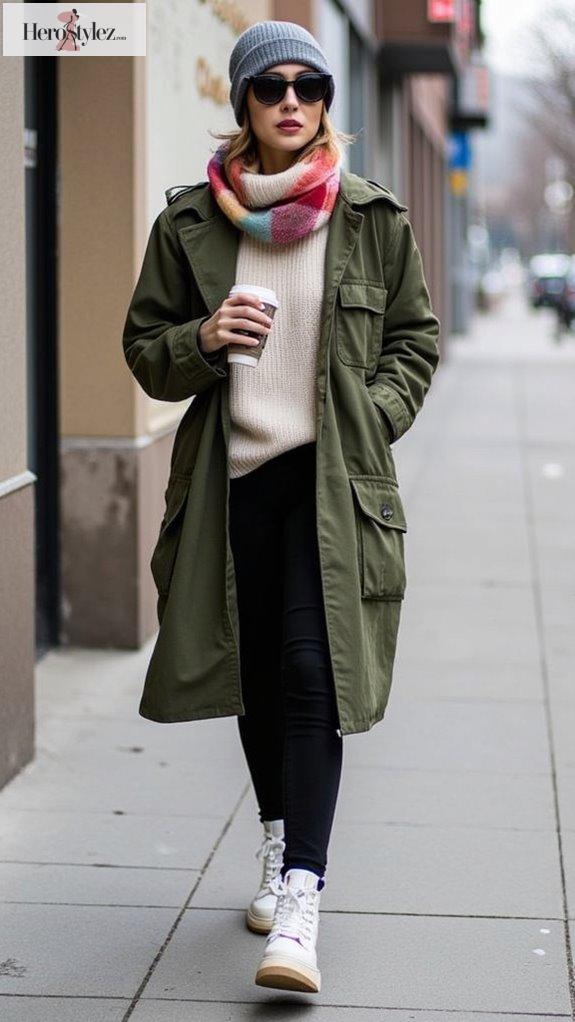 chic winter cargo coat layering