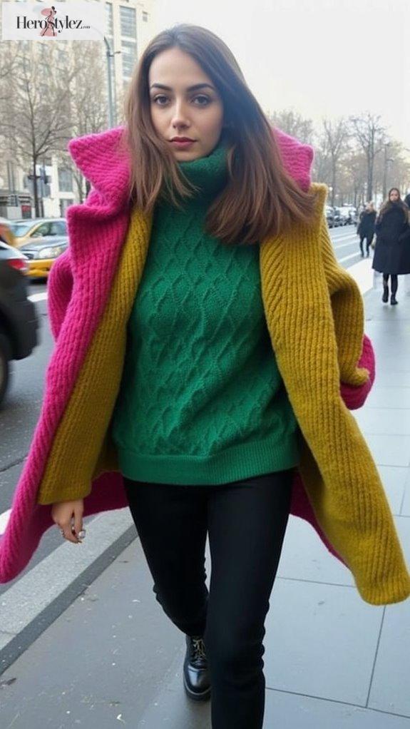jewel toned sweater and coat