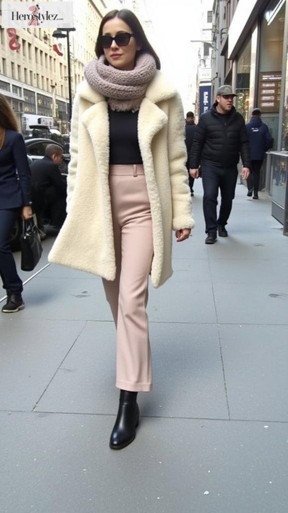 wide leg trousers and shearling